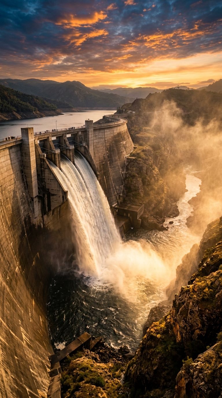 A dam releasing water into a river during sunset.