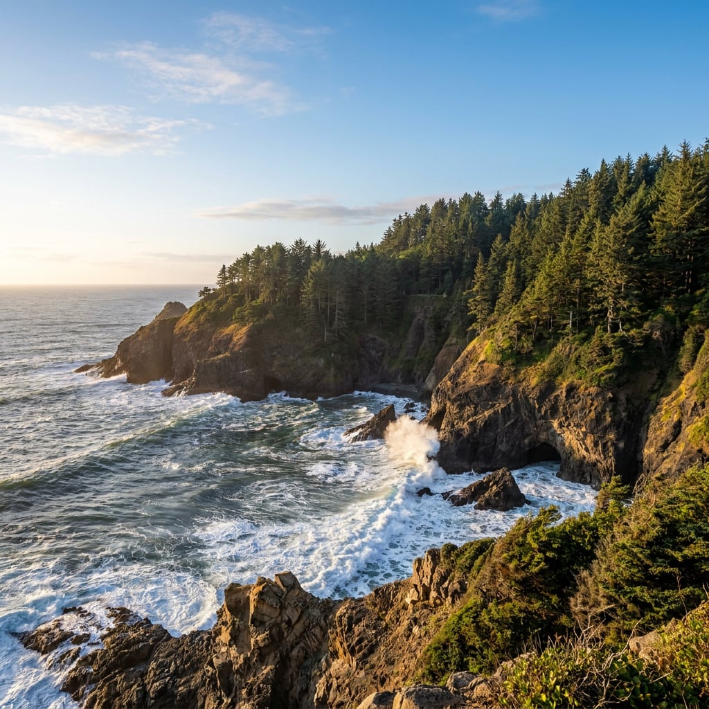 A scenic view of a rugged coastline with waves crashing against the rocks and forested cliffs.