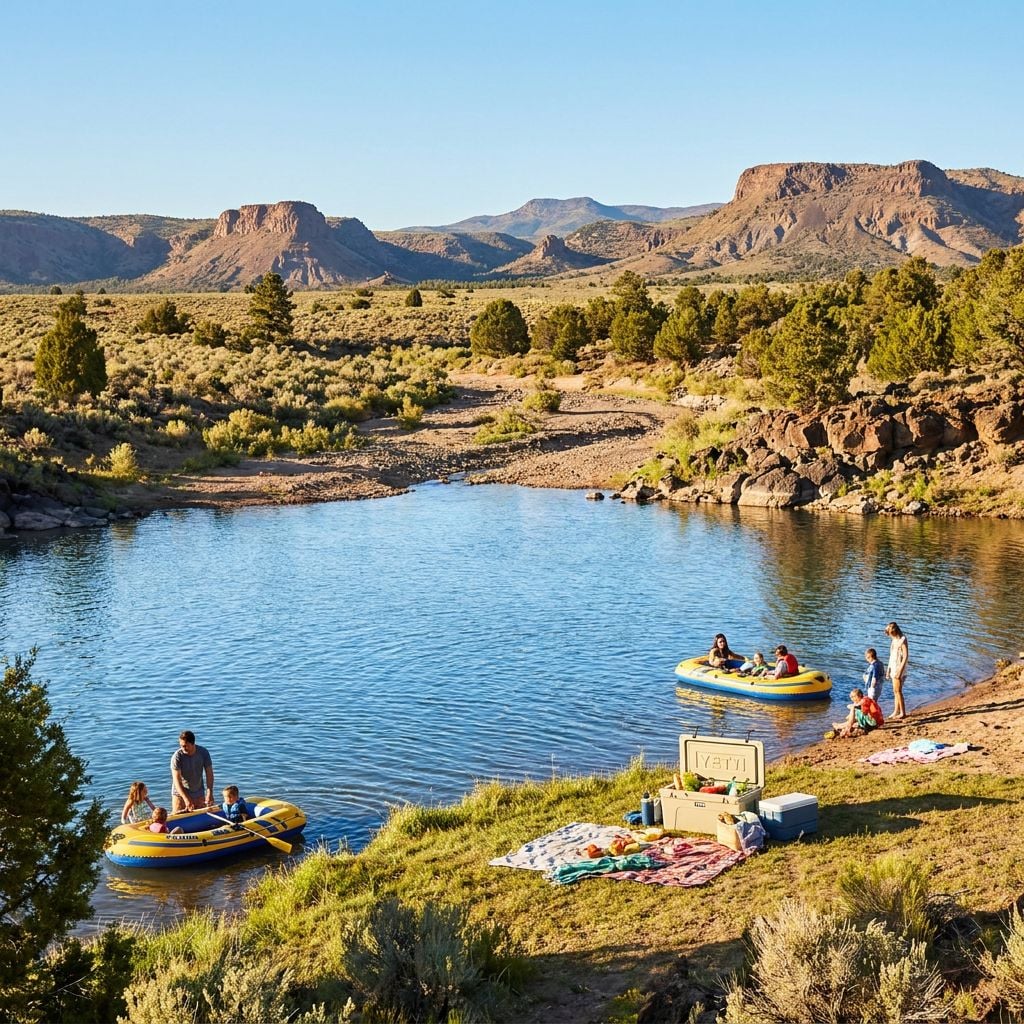 A group of people enjoying a day by a river with inflatable boats and picnic supplies.