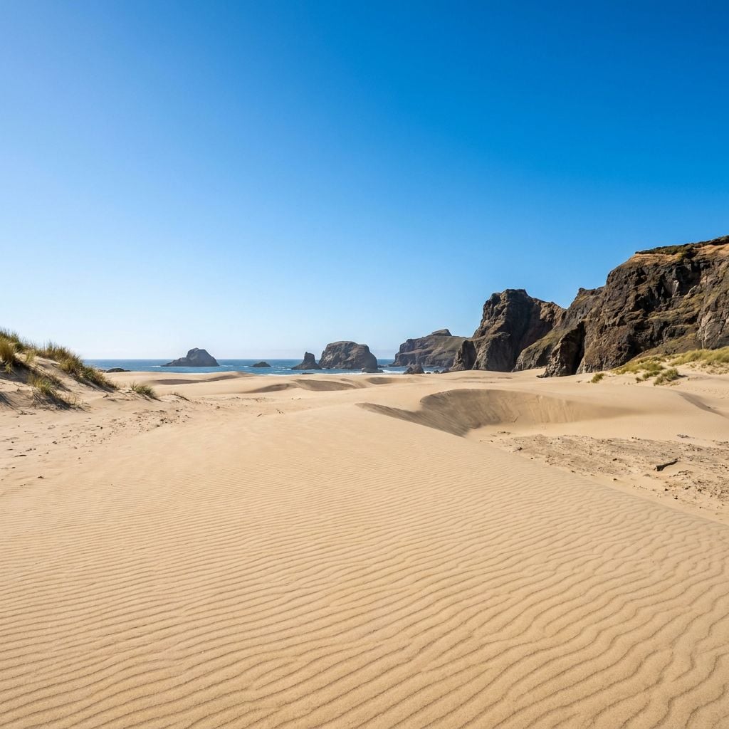 A sandy beach with rocky cliffs and a clear blue sky.