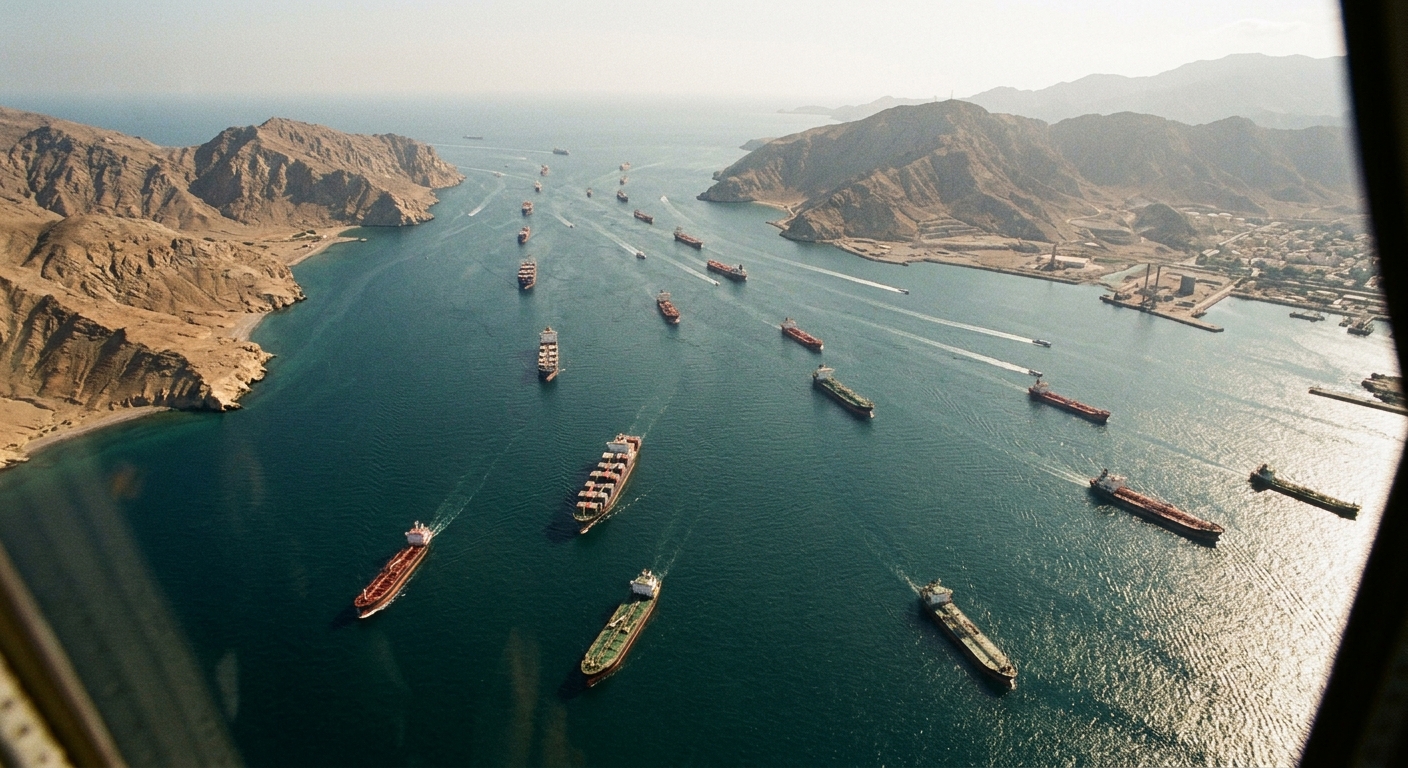 Aerial view of numerous cargo ships navigating through a coastal waterway surrounded by mountains.