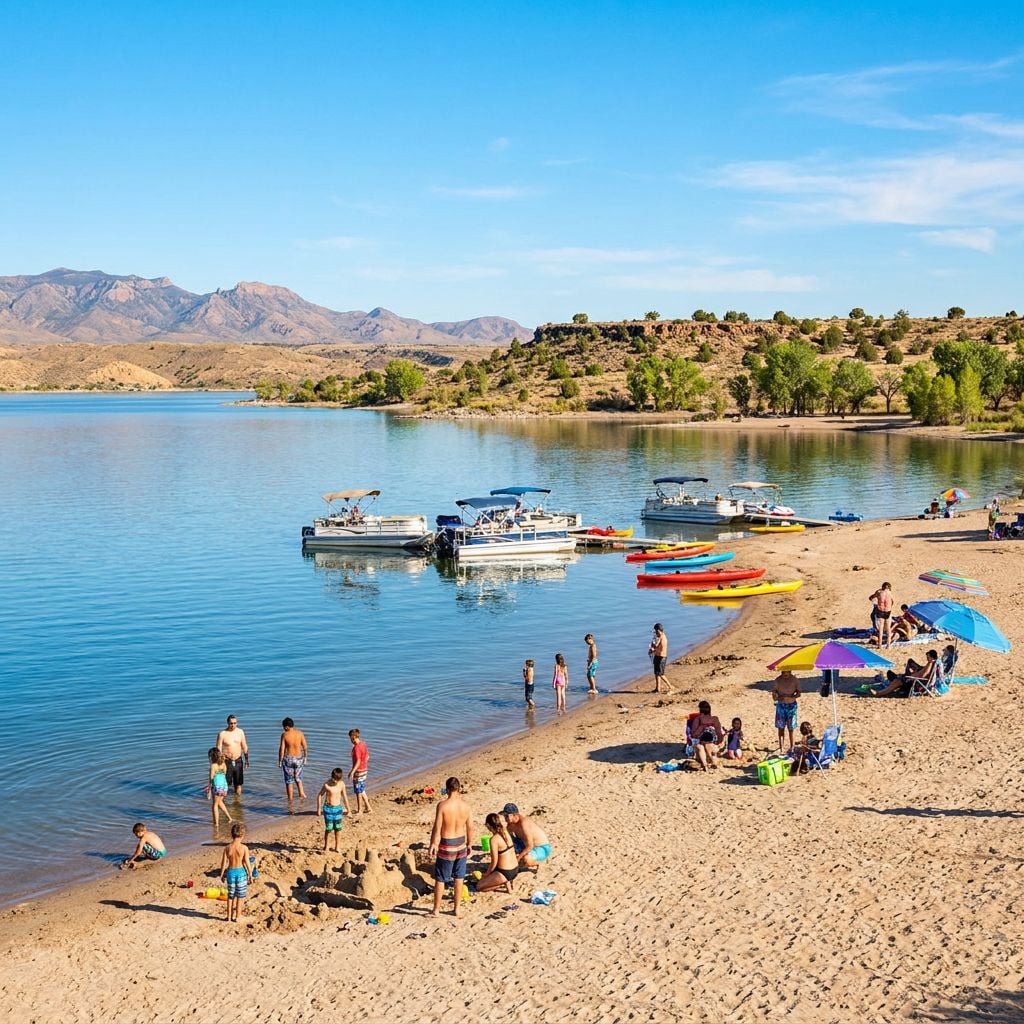 A sandy beach with people enjoying various activities near a lake.