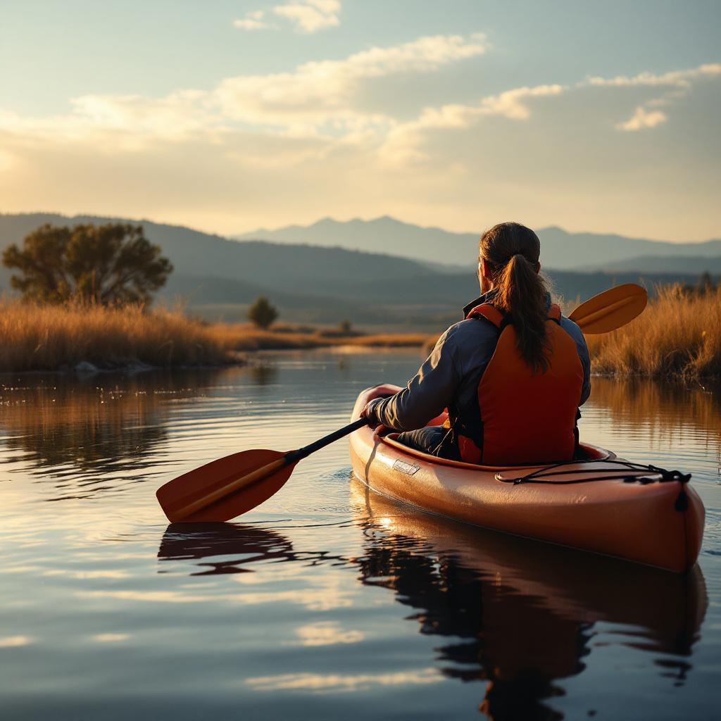 A person kayaking on a calm waterway during sunset.