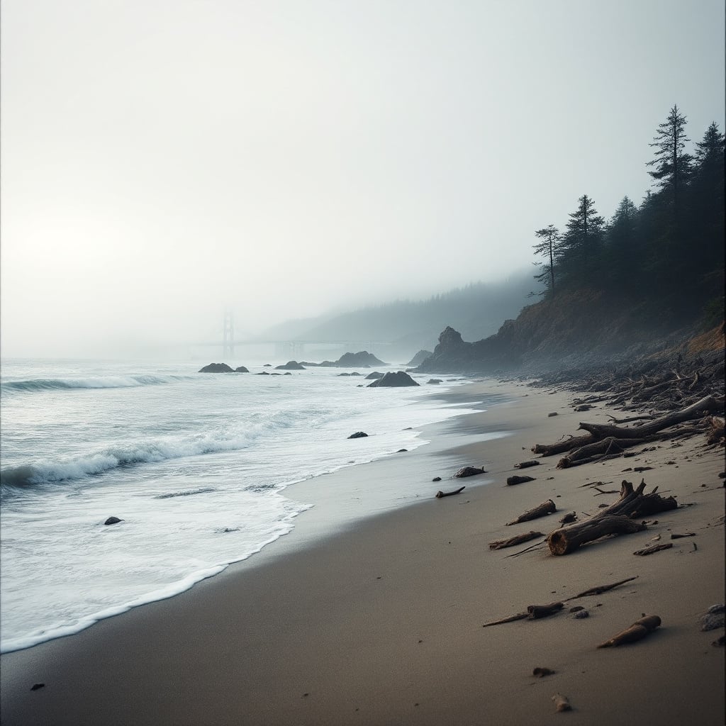 A foggy beach scene with waves lapping at the shore and driftwood scattered on the sand.